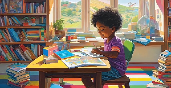 A child at a vibrant desk with books in different languages, learning in a sunny room.