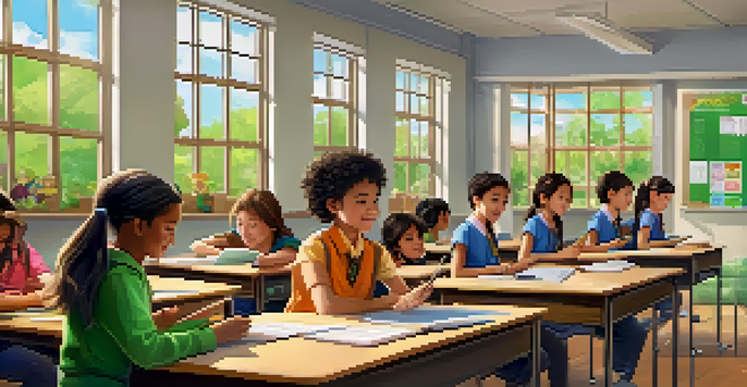 A bright classroom with a teacher and engaged students using digital tablets, surrounded by educational posters and natural light.