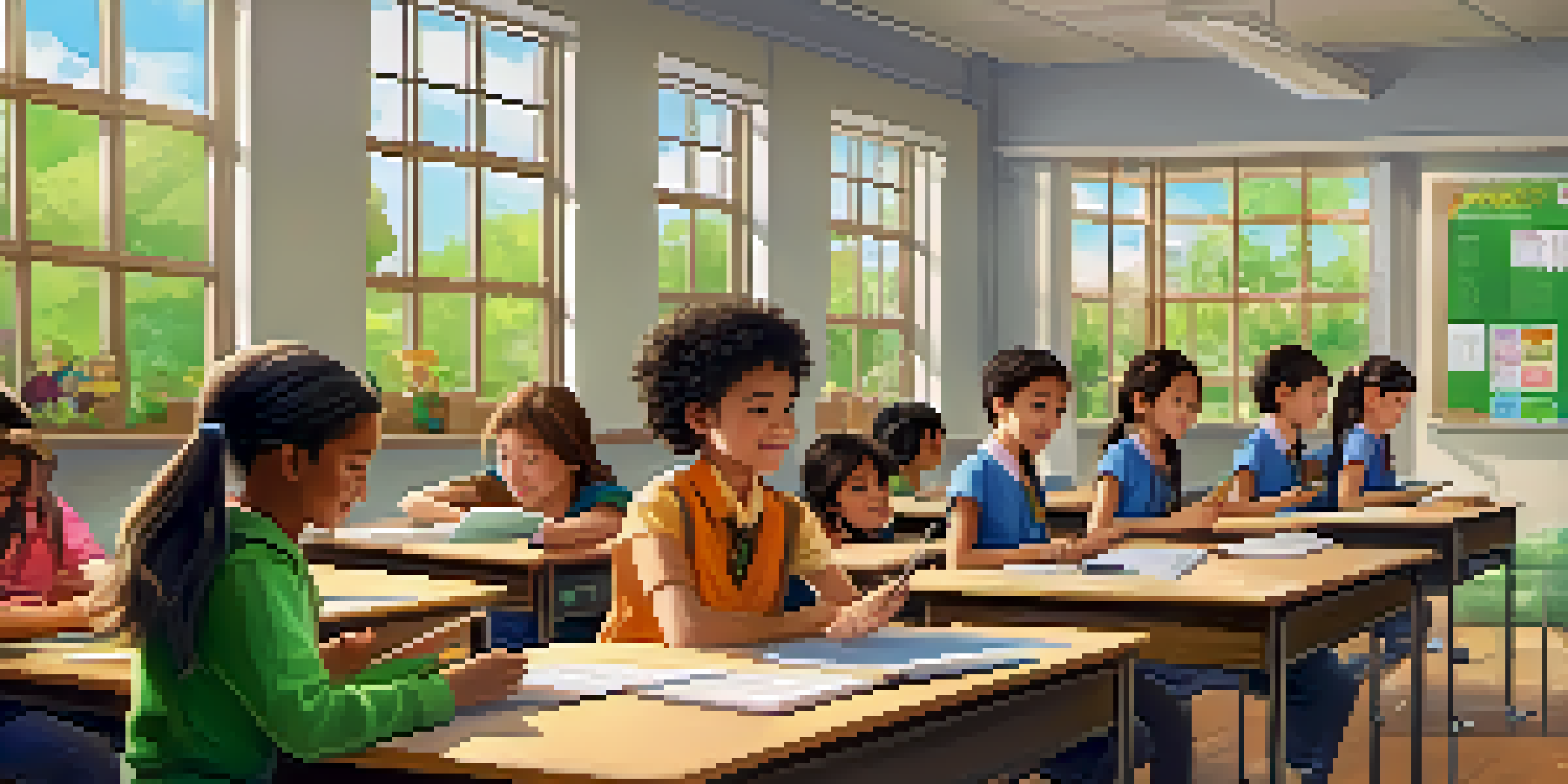 A bright classroom with a teacher and engaged students using digital tablets, surrounded by educational posters and natural light.