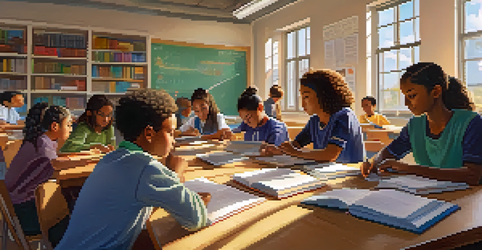 A diverse group of students collaborating on a project in a sunny classroom, surrounded by books and laptops.