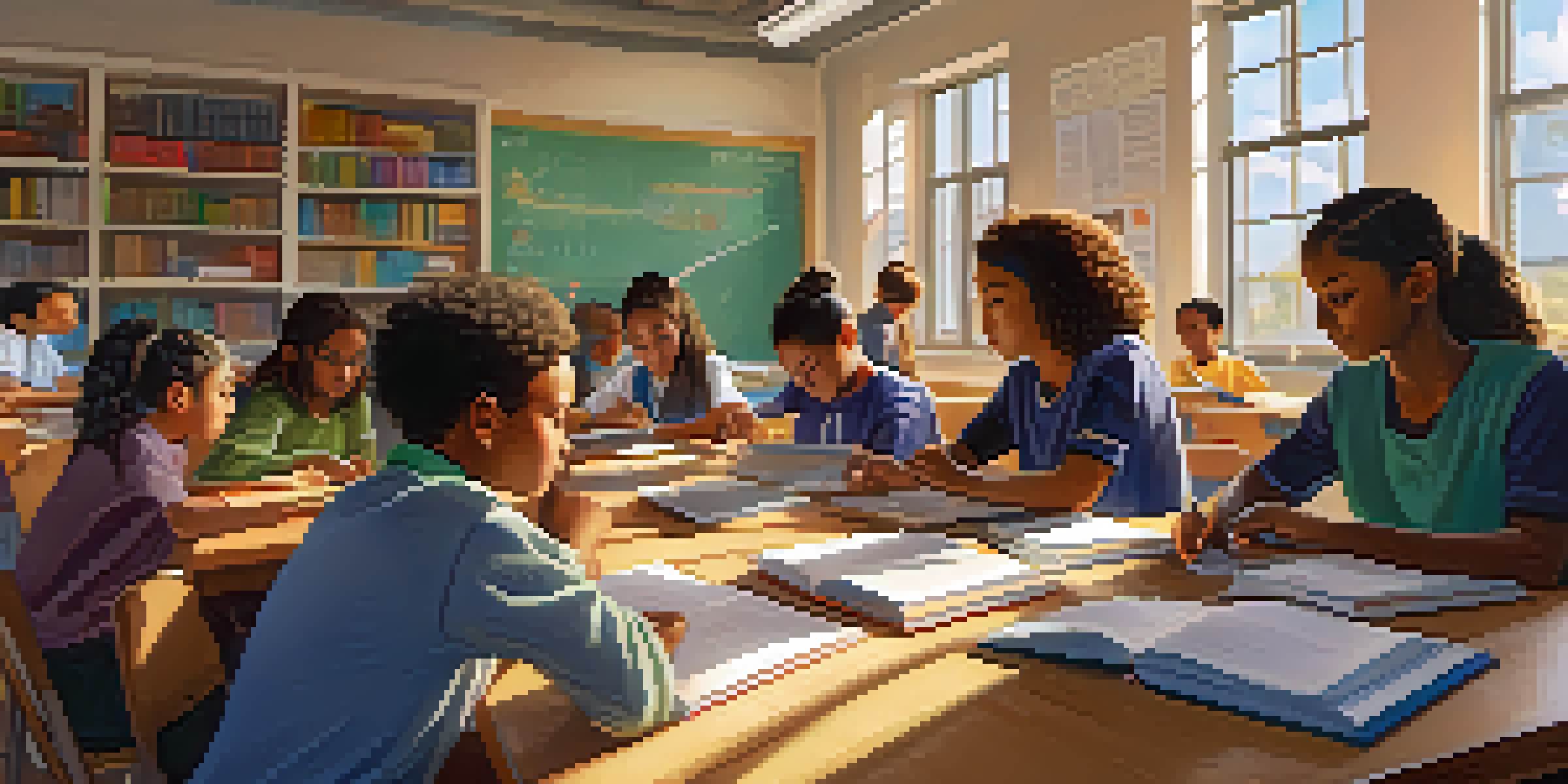 A diverse group of students collaborating on a project in a sunny classroom, surrounded by books and laptops.