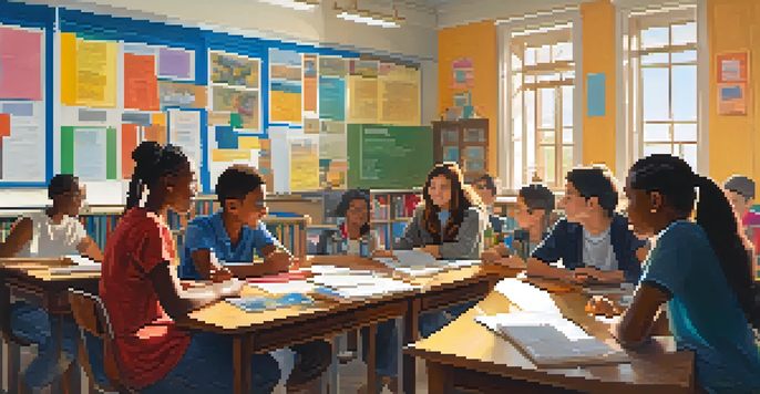 A diverse group of students engaged in a lively discussion in a colorful classroom with books and materials on a large table, illuminated by sunlight.