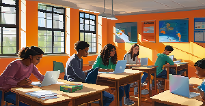 A vibrant classroom with students of different backgrounds collaborating at desks and laptops, illuminated by sunlight from large windows.