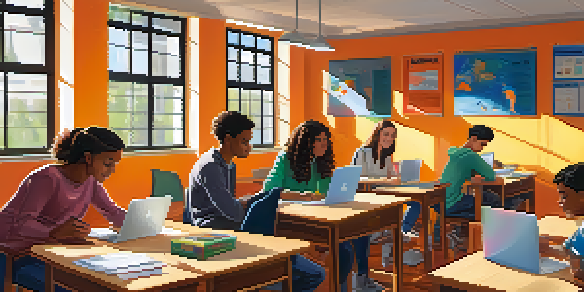 A vibrant classroom with students of different backgrounds collaborating at desks and laptops, illuminated by sunlight from large windows.