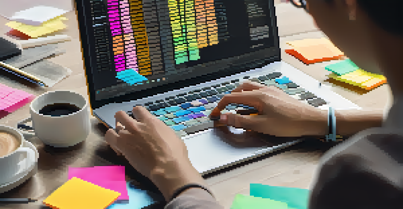 Close-up of a student's hands typing on a laptop with sticky notes and a coffee cup in the background, showing a collaborative workspace.