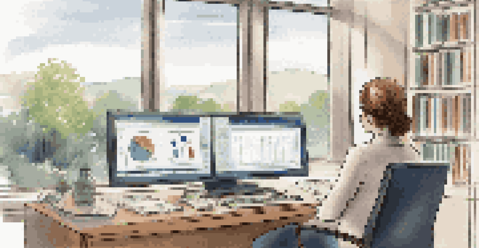 An educator in a modern office analyzing data from AI-driven assessments on a computer screen, surrounded by educational resources.