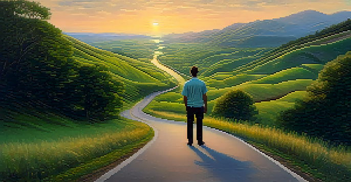 A person holding a map stands on a winding road surrounded by green hills during sunrise, symbolizing a financial journey.