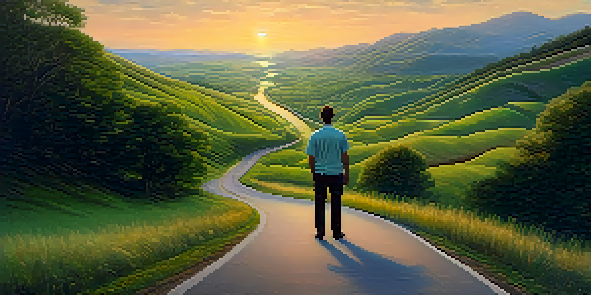 A person holding a map stands on a winding road surrounded by green hills during sunrise, symbolizing a financial journey.