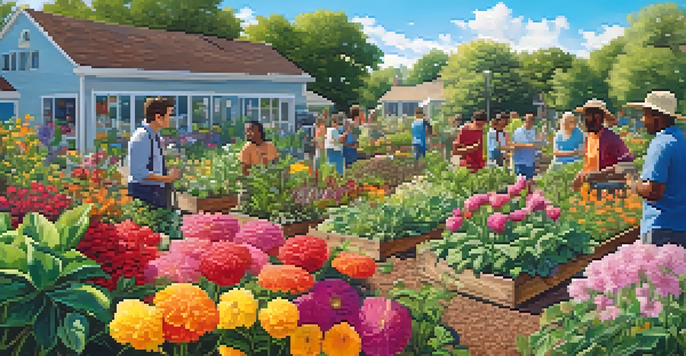 A community garden with diverse plants and people interacting, symbolizing collaboration and growth.