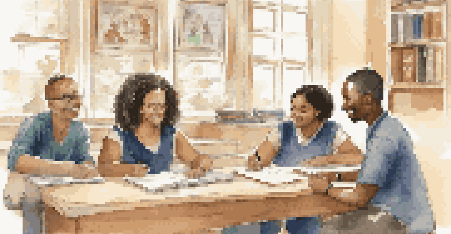 An educator engaging with adult learners in a cozy room, showing empathy and active listening, with educational materials in the background.
