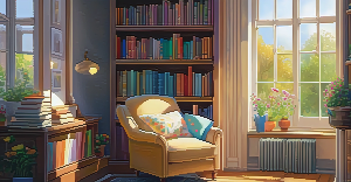 A cozy reading nook featuring a plush armchair, bookshelves, a warm lamp, a cup of tea, and a sunny garden view.