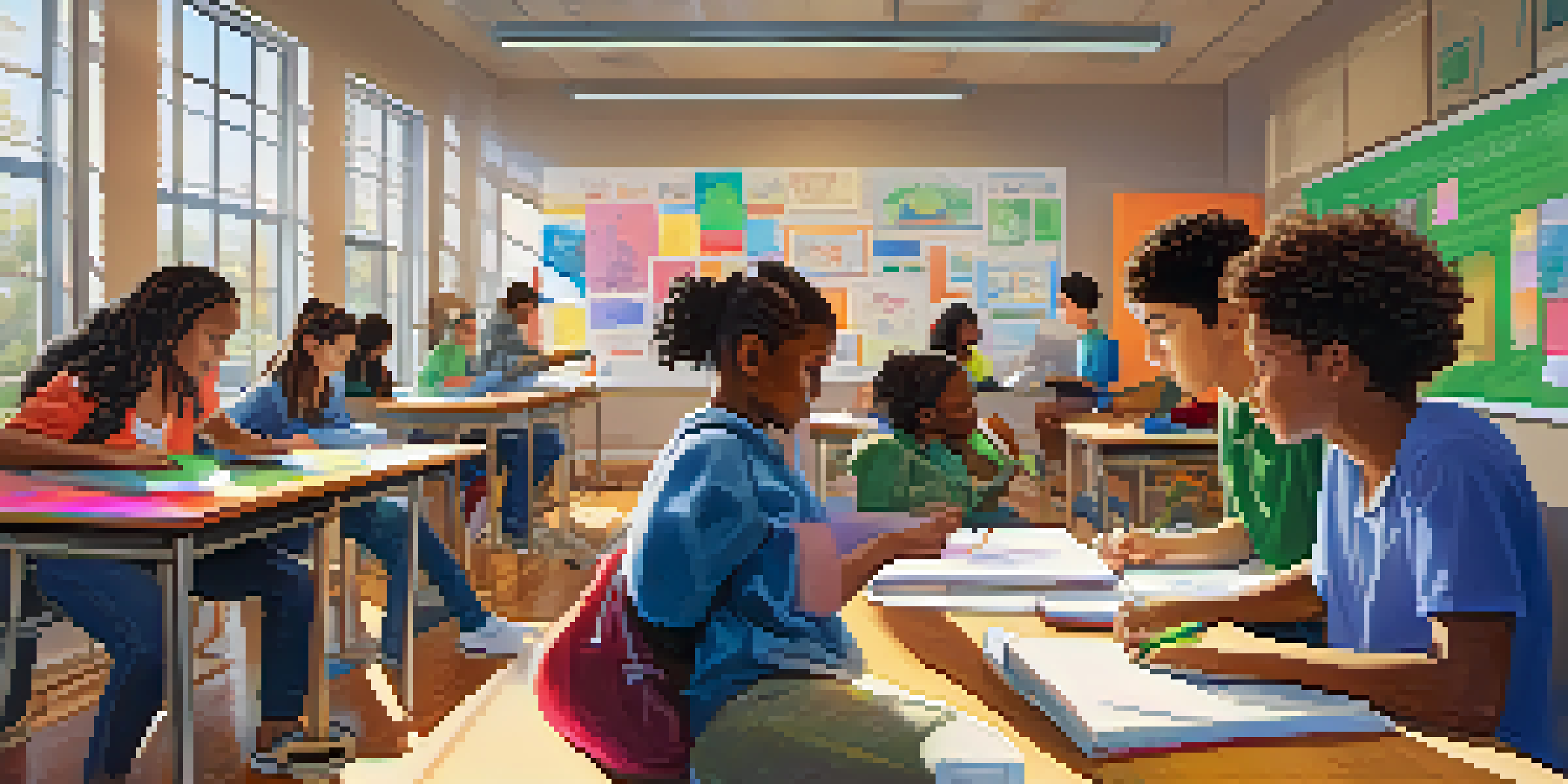 A diverse group of students collaborating in a colorful classroom filled with educational posters and sunlight.