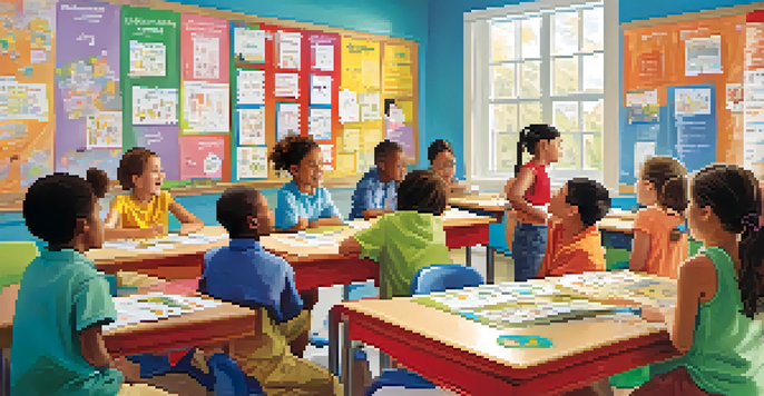 A diverse group of children in a brightly lit classroom, collaborating on a learning activity with visual aids.