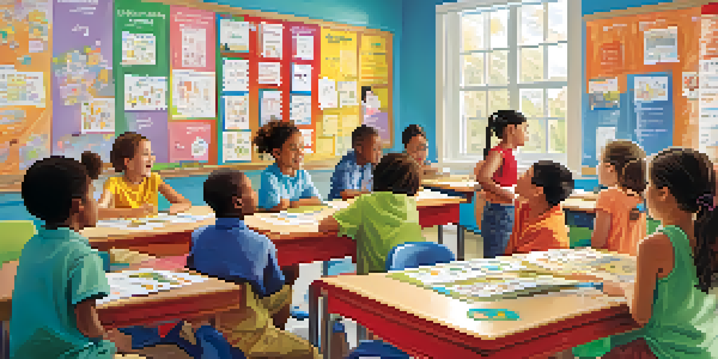A diverse group of children in a brightly lit classroom, collaborating on a learning activity with visual aids.