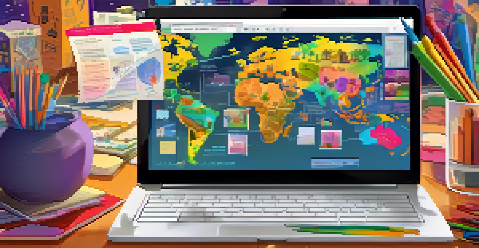 A student focused on crafting a digital story on a laptop, with a vibrant storyboard visible on the screen, surrounded by art supplies.