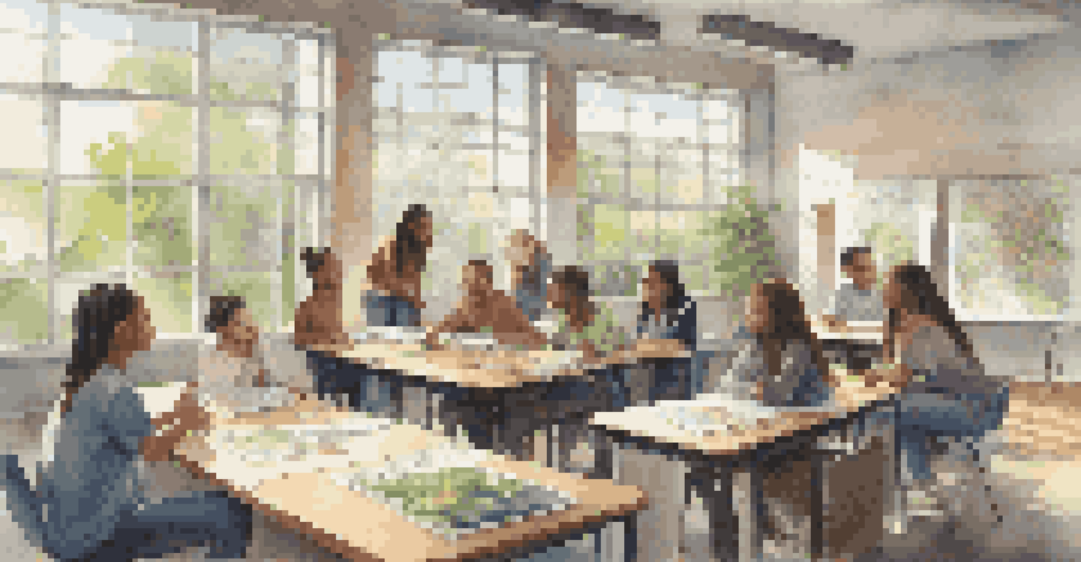 Students in a classroom discussing sustainability projects, surrounded by educational posters and natural light.