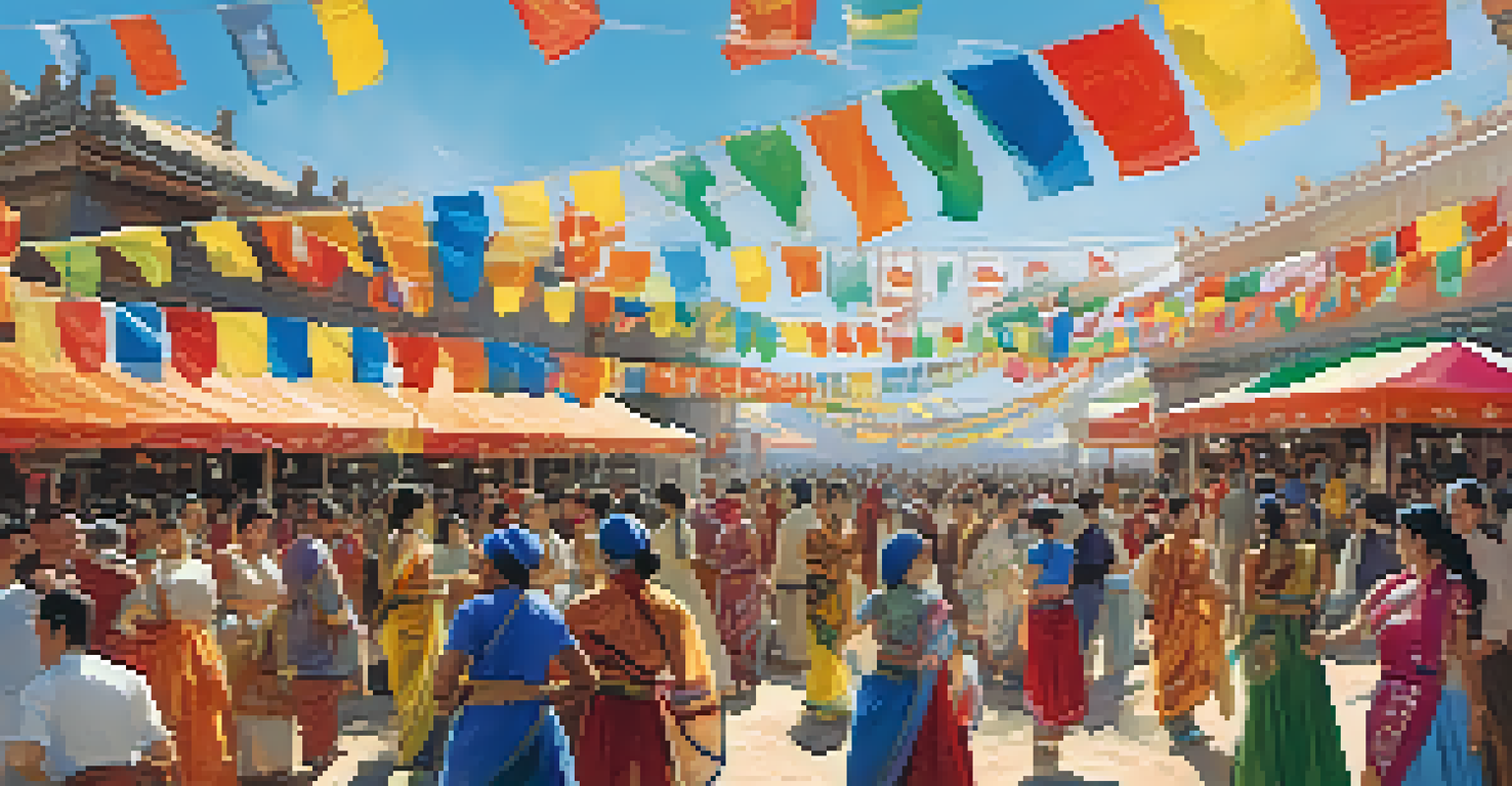 An outdoor festival celebrating multiculturalism with dance performances, food stalls, and colorful decorations.