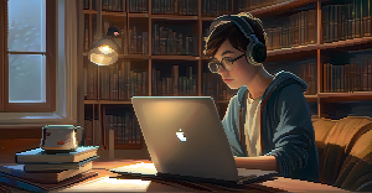 A student sitting at home, engaged in learning from a laptop, in a cozy room filled with books and warm lighting.