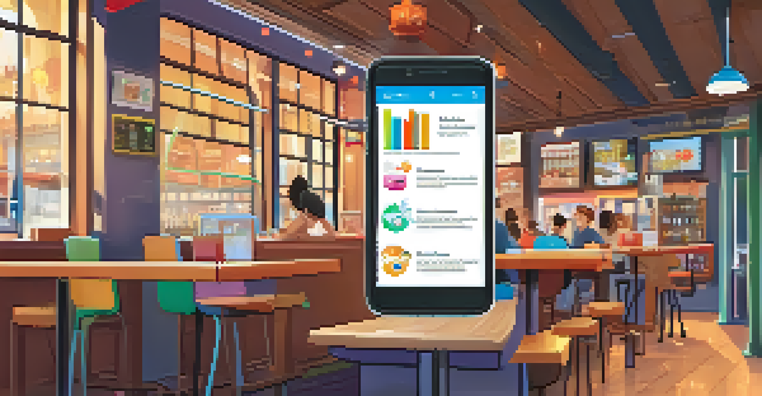 A smartphone showing a gamified language-learning app in a cozy coffee shop environment.
