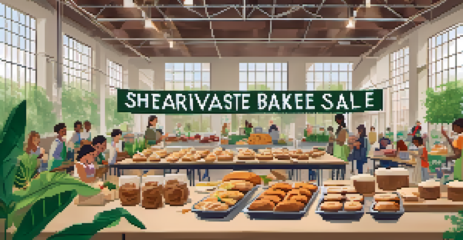 A school gymnasium hosting a zero-waste bake sale, with students using recyclable materials for packaging baked goods.