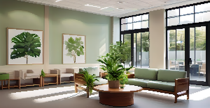 A welcoming healthcare clinic waiting room with comfortable seating, plants, and calming artwork.