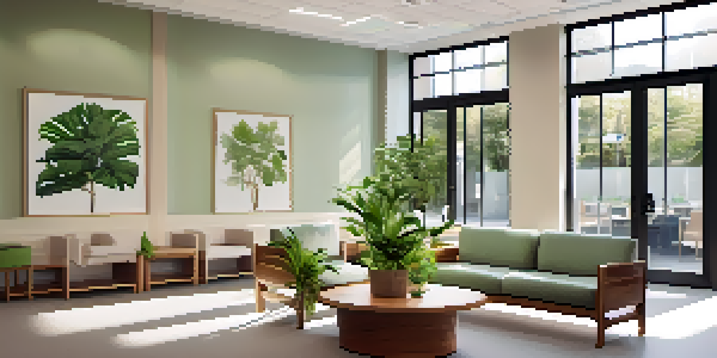 A welcoming healthcare clinic waiting room with comfortable seating, plants, and calming artwork.