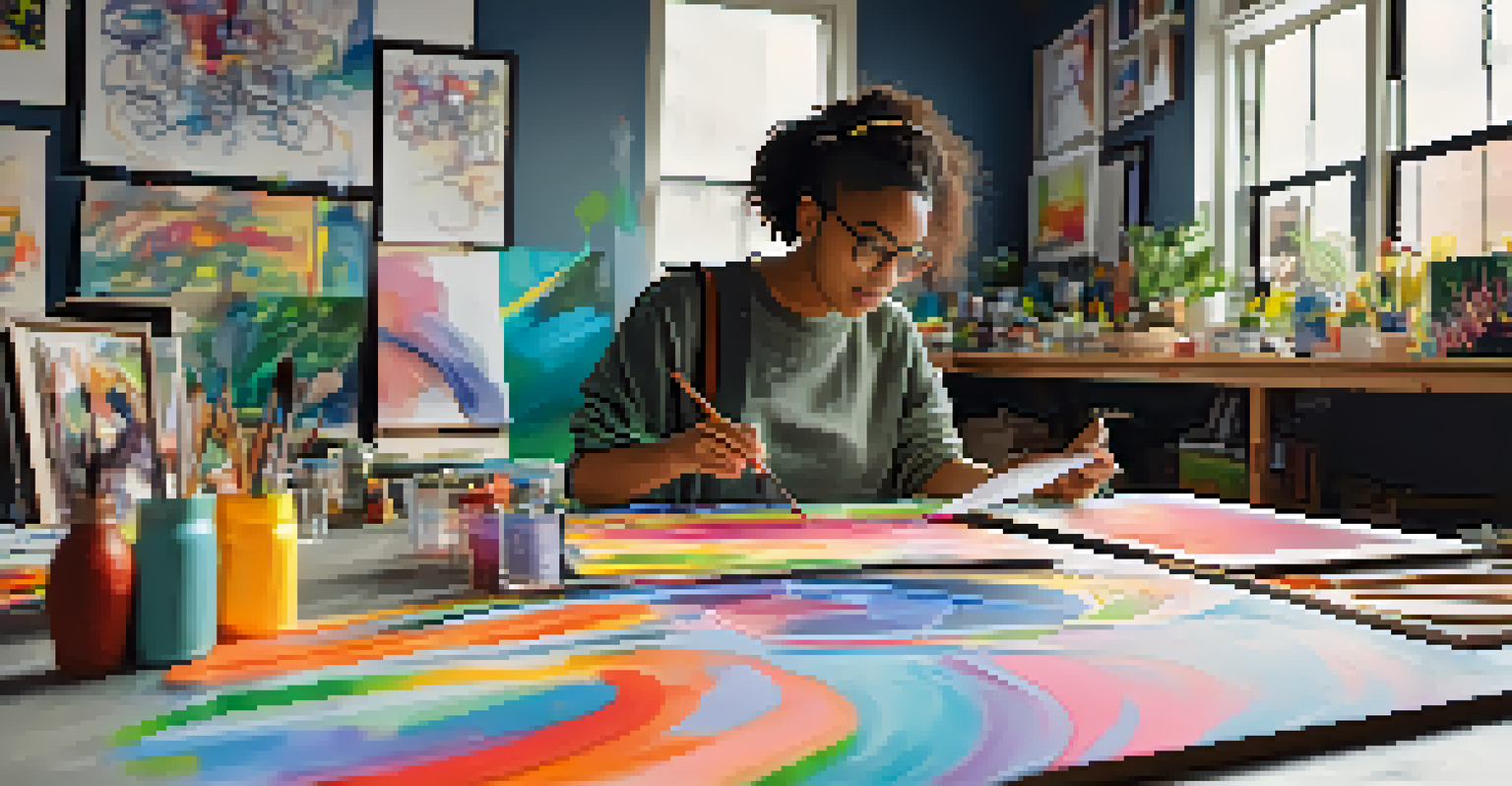 An art student experimenting with augmented reality designs on a physical canvas in a bright studio filled with art supplies.