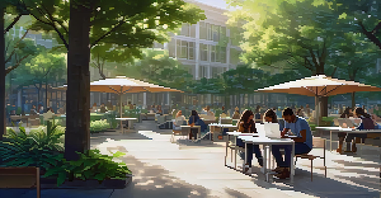 Students using laptops in a peaceful outdoor study area surrounded by greenery, with comfortable seating and sunlight filtering through the trees.
