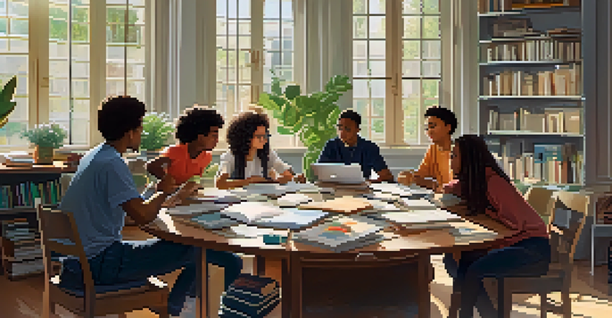 A diverse group of students sitting around a round table, discussing and working together with books and laptops in a bright classroom.