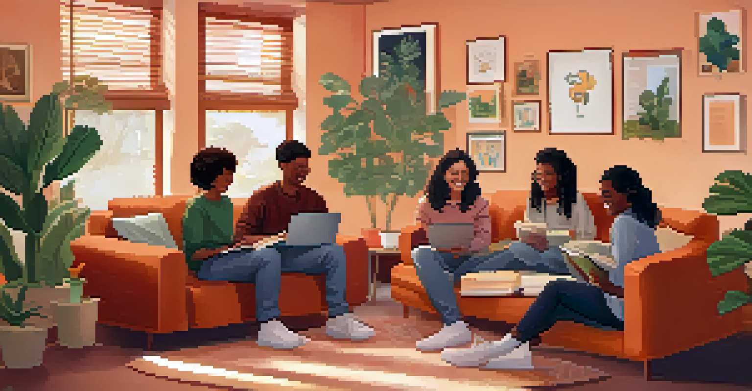 Students engaging in a virtual icebreaker session, smiling at their webcams in a cozy home setting with plants and books.