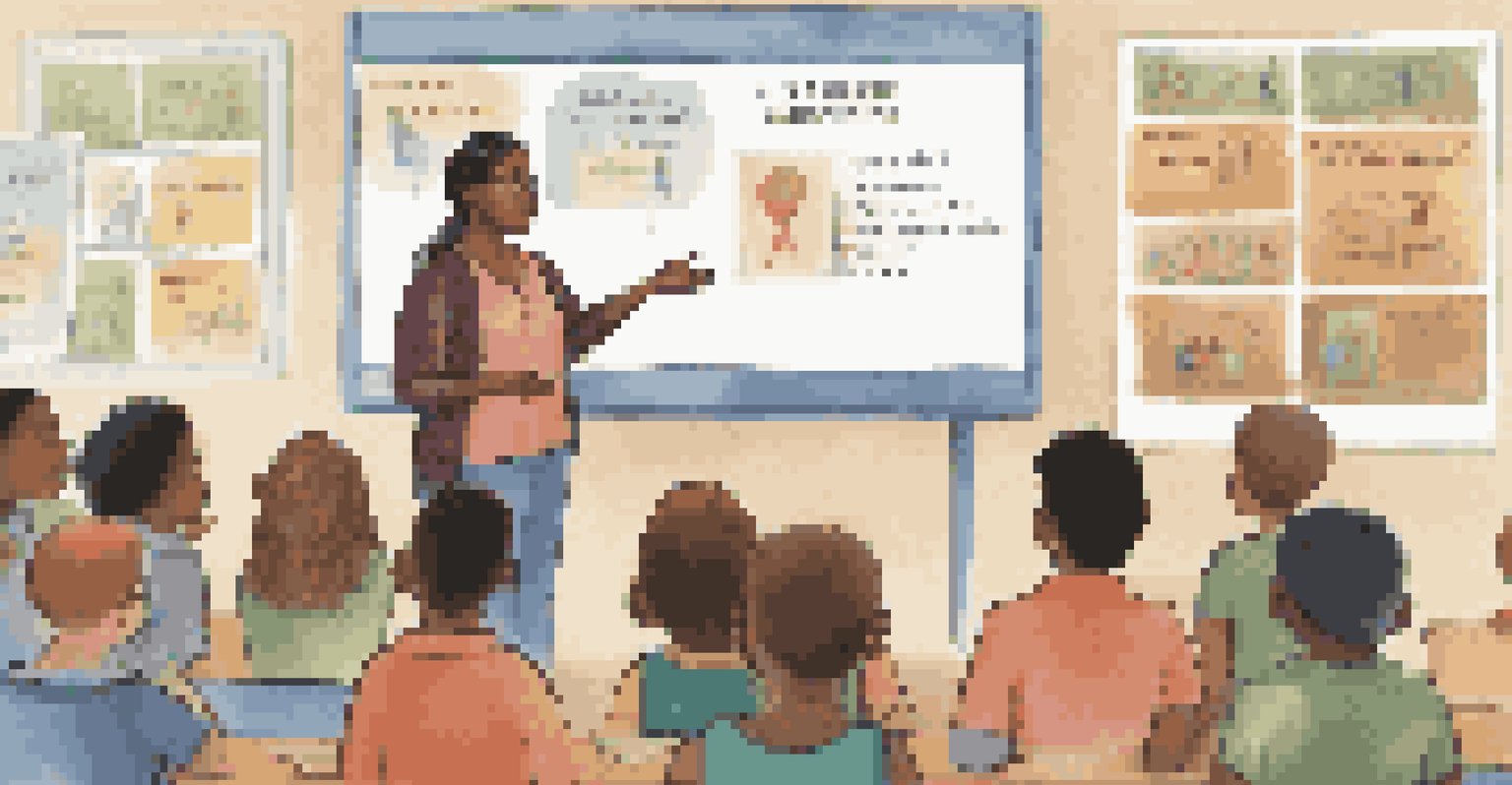 An educator teaching a diverse group of students in a welcoming classroom filled with inclusivity posters and visual aids.