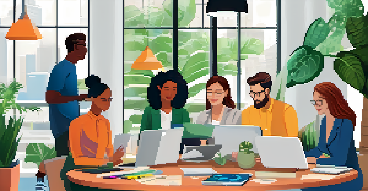 A marketing team in a bright office discussing infographic promotion strategies, surrounded by laptops and printed materials.