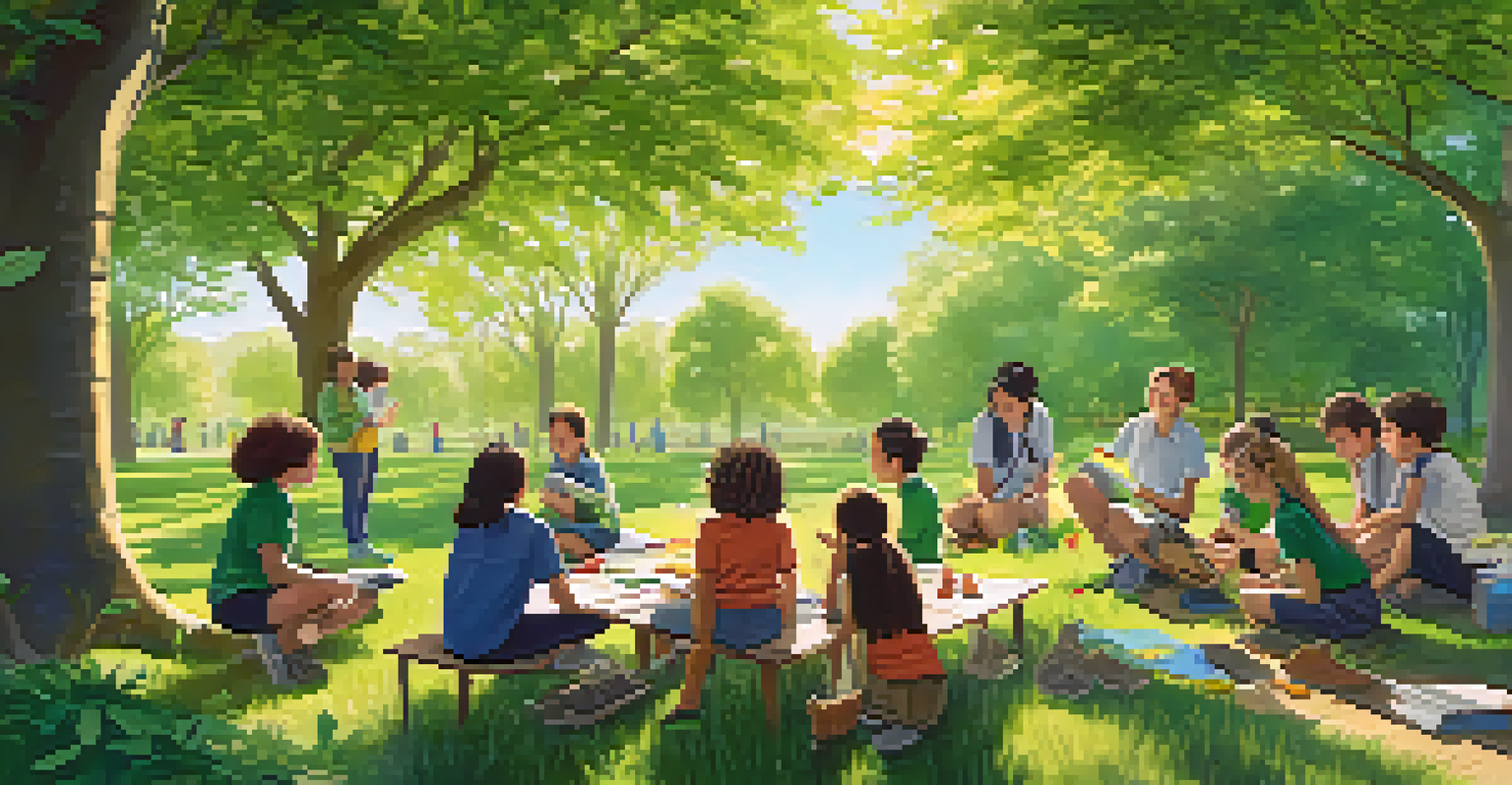 Students exploring nature in a park, collecting leaves and observing wildlife with their teacher in a sunny, green environment.