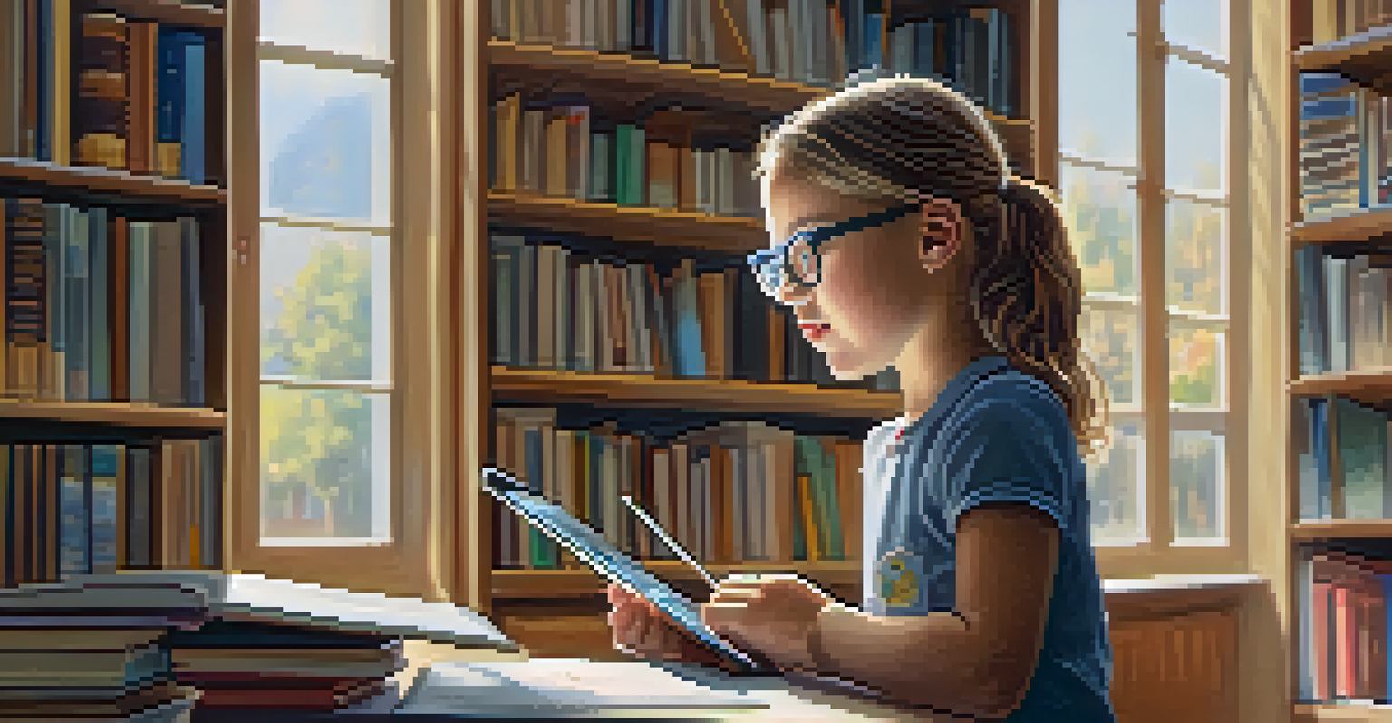 A young girl using a tablet with speech recognition software in a cozy library setting.