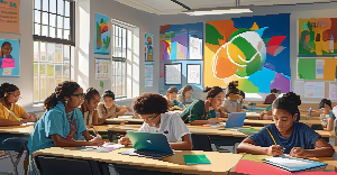 A diverse group of students working together in a colorful classroom filled with educational materials and sunlight.
