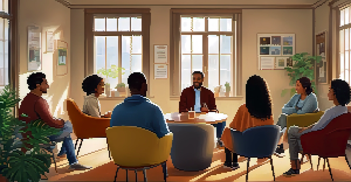 A diverse group of adults in a support group meeting, sitting in a circle in a warmly lit room, sharing stories and showing empathy.