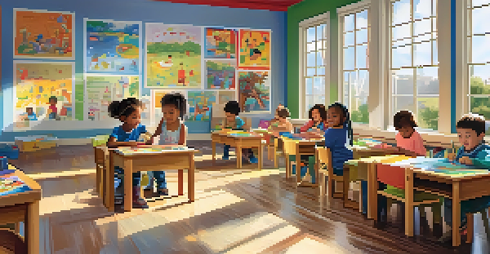 A lively classroom with children of different backgrounds engaged in creative activities like painting, building, and reading, with sunlight streaming in.