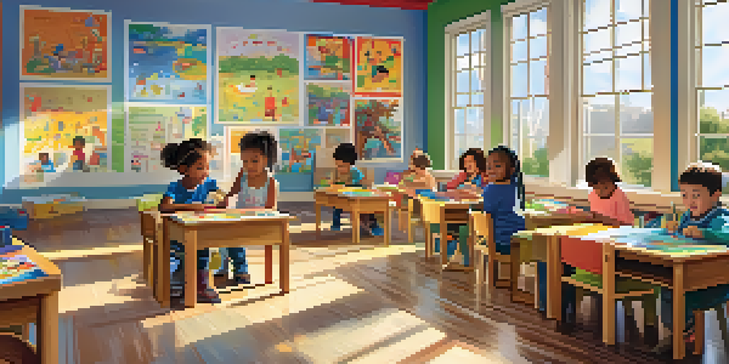 A lively classroom with children of different backgrounds engaged in creative activities like painting, building, and reading, with sunlight streaming in.