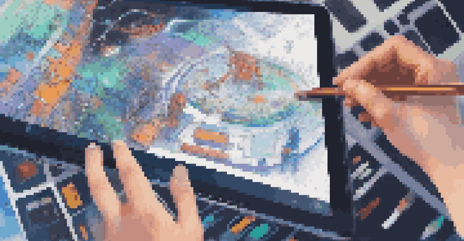 A close-up view of a student's hands coding a video game on a tablet, surrounded by art supplies and tools.