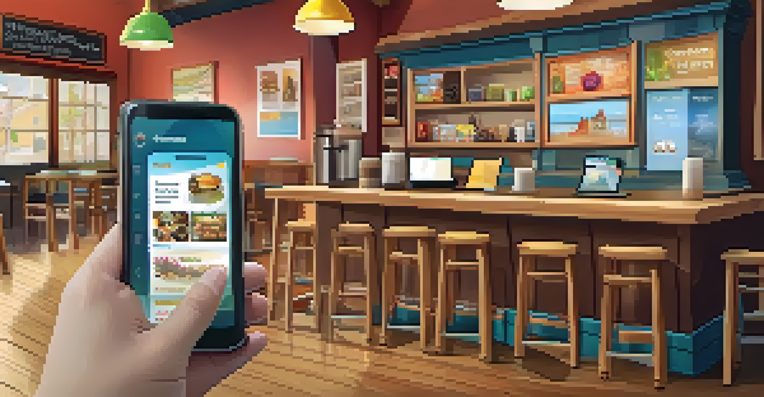 A smartphone screen displaying an engaging mobile learning interface in a cozy coffee shop setting.