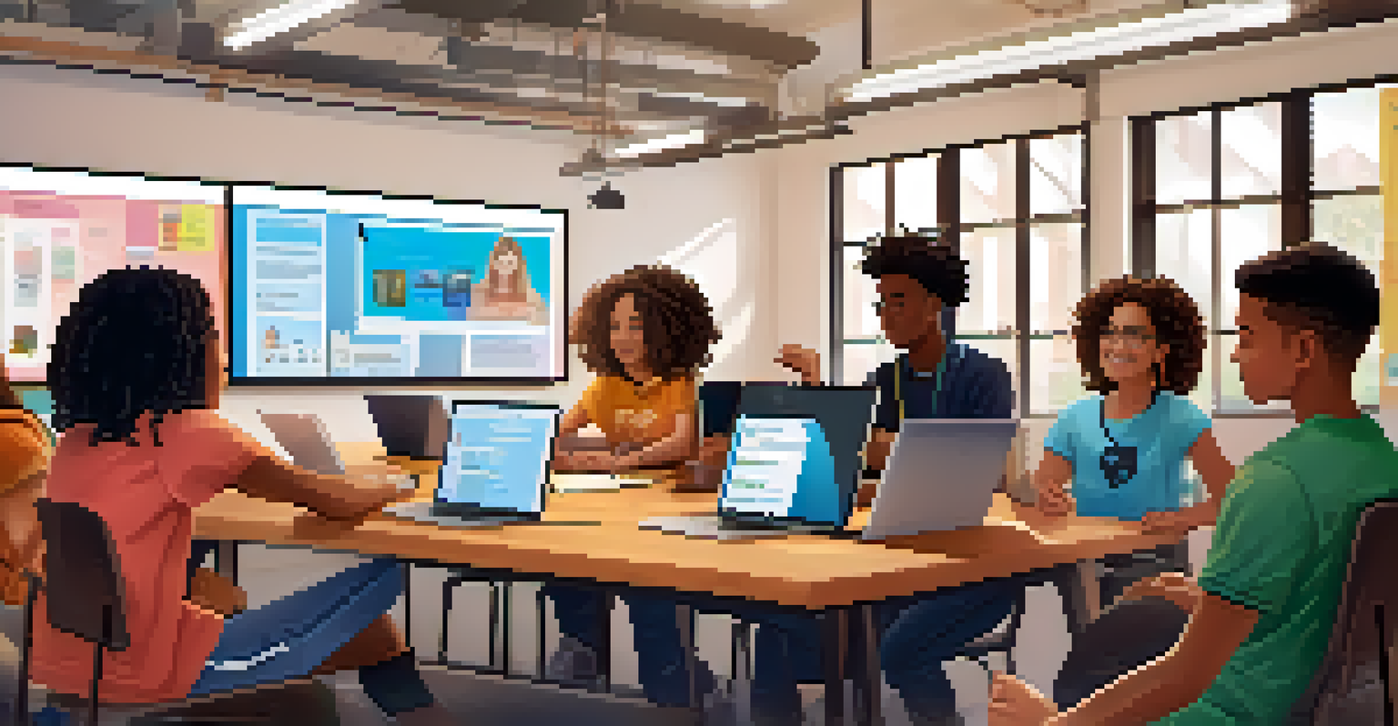 Diverse students collaborating at a table with laptops open, working on their digital portfolios in a bright, inviting environment.