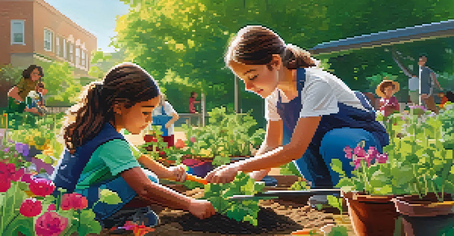 Students and parents planting vegetables in a vibrant school garden, assisted by environmental scientists, with colorful flowers and bright sunlight.