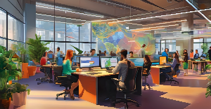 A diverse group of people in a collaborative workspace, engaging with technology and data visualizations, with a warm and inviting atmosphere.