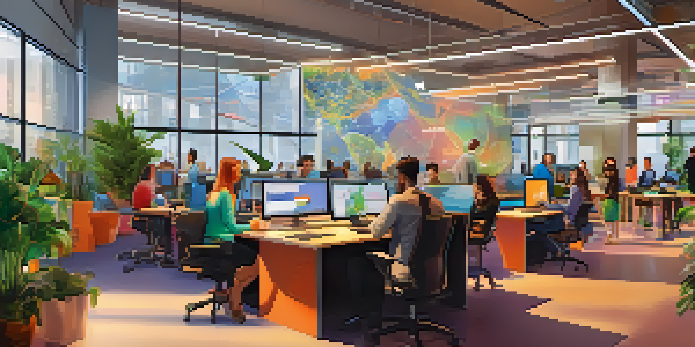 A diverse group of people in a collaborative workspace, engaging with technology and data visualizations, with a warm and inviting atmosphere.