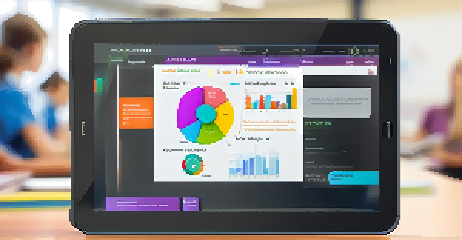 A digital tablet showing an adaptive learning interface with graphs and personalized learning paths in a classroom setting.