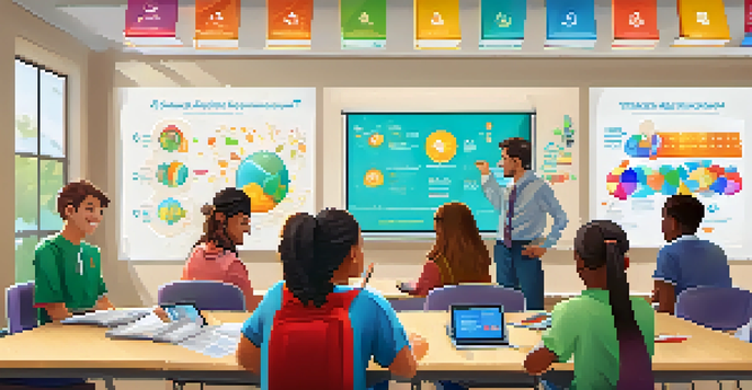 A vibrant classroom with students actively participating in a gamified assessment, featuring game elements such as points and badges, with a teacher guiding them.