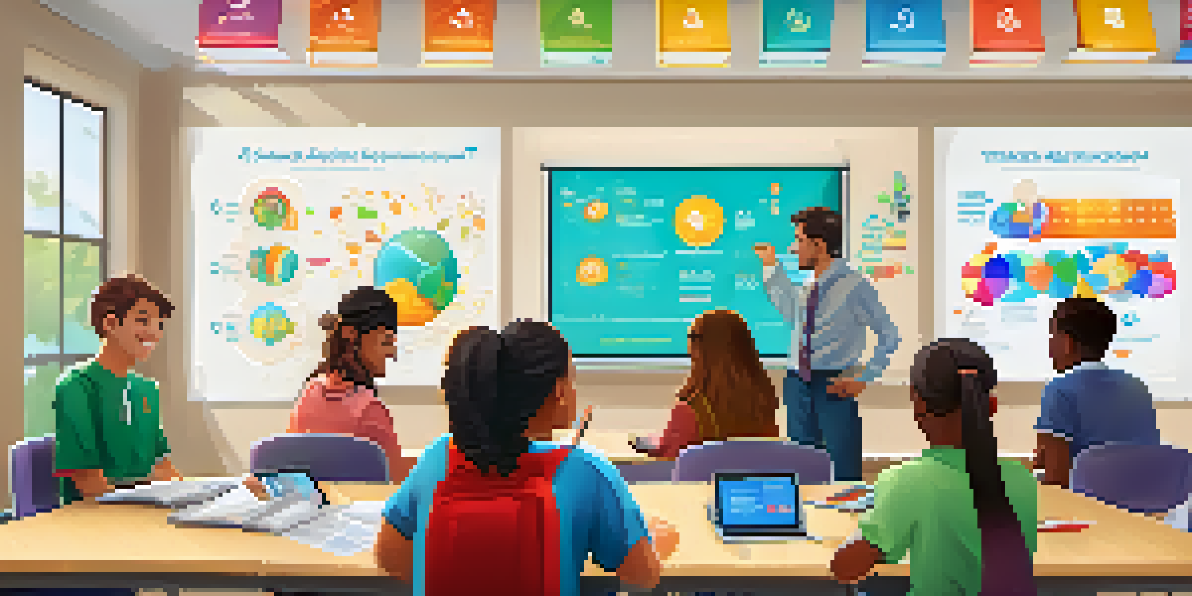 A vibrant classroom with students actively participating in a gamified assessment, featuring game elements such as points and badges, with a teacher guiding them.