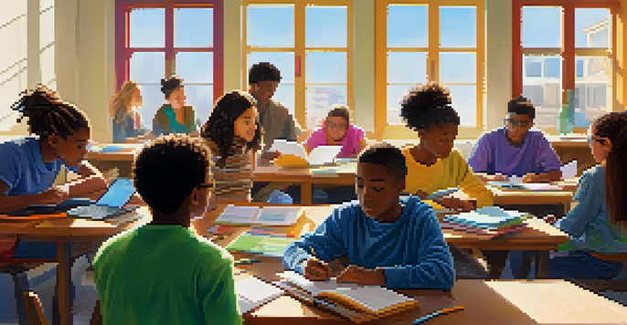 A diverse group of students collaborating in a bright classroom, surrounded by books and laptops, engaged in discussion.