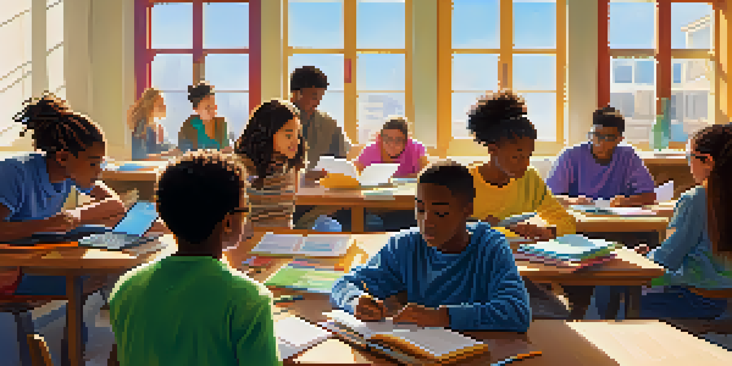 A diverse group of students collaborating in a bright classroom, surrounded by books and laptops, engaged in discussion.