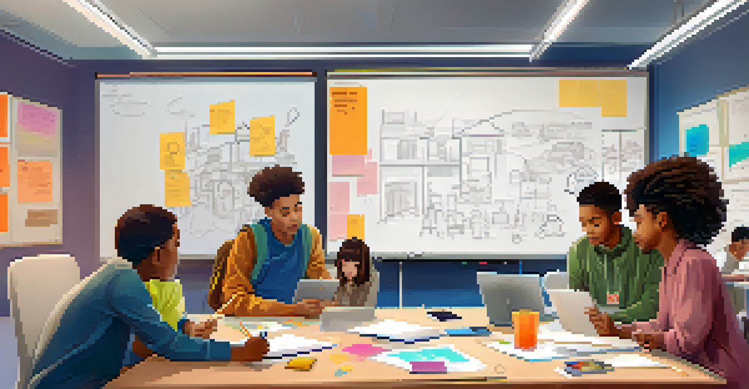 Students working together on a project, using technology and creative materials in a lively classroom setting.